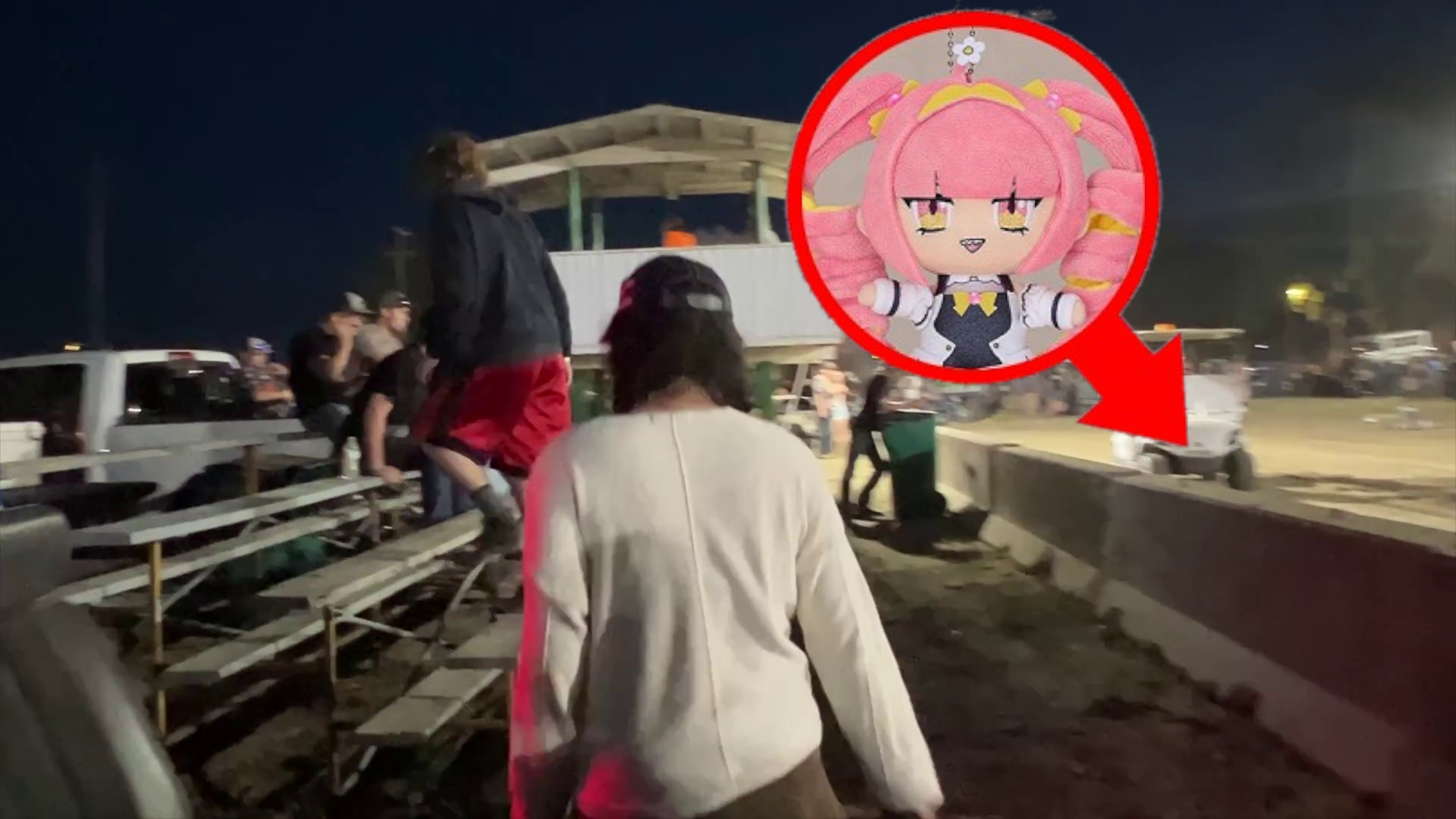 thumbnail, a screen capture of the locals music video showing underscores and gabby start, and aiobahns plushie in red circle with arrow edited in
